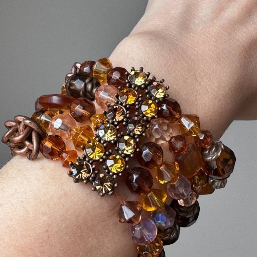 Boho-Chic Women’s Chunky Multilayer Bracelet with Crystals & Chains in Amber/Bro - Picture 2 of 7